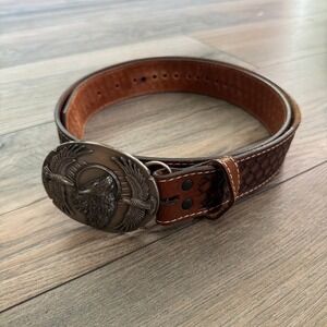 Vntg 1995 Siskiyou Wolf Eagle F-9 Buckle Wrangler 40/100 Brown Leather Belt 45"
